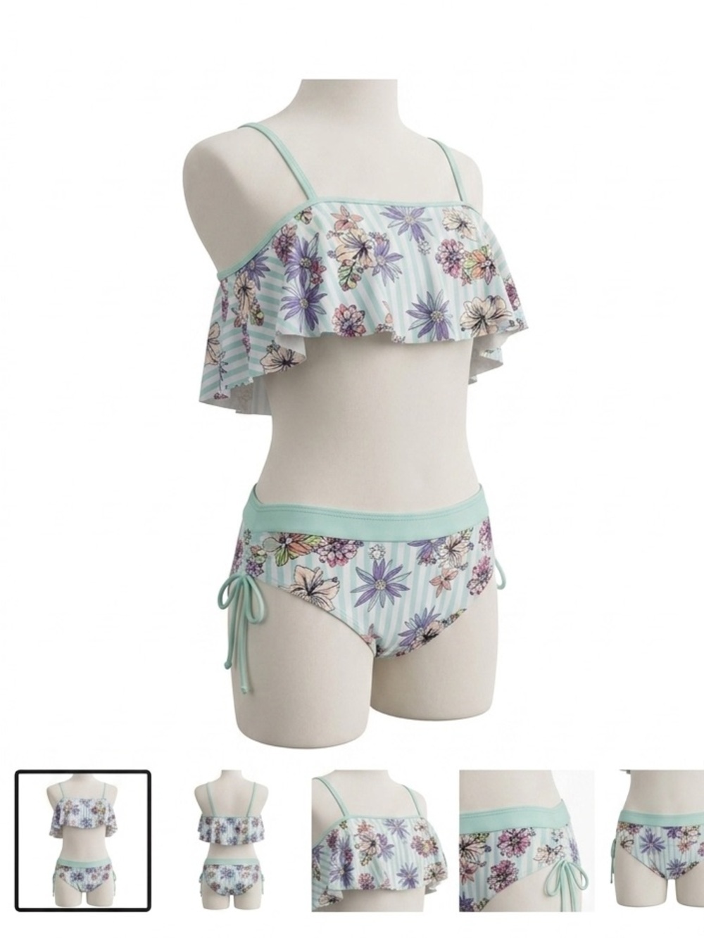 Limeapple Girls Ruffle Square Neck Bikini Swim Set Floral Stripe 16 EUC